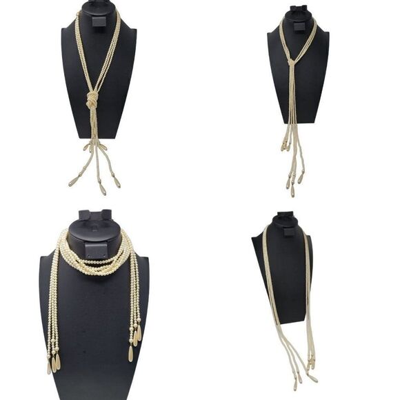 Vintage Signed Liz Claiborne Multi Strand Faux Pearl Tassel Lariat Necklace - Picture 1 of 14